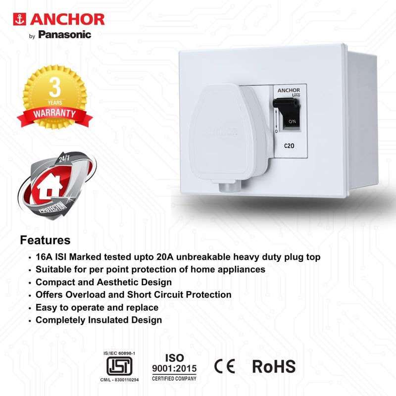 Anchor صندوق تكييف هواء بولي كربونات مودولار من باناسونيك مع قاطع دائرة أحادي القطب 20 أمبير، غلاف وقابس ISI ثقيل (أبيض) - Image 2