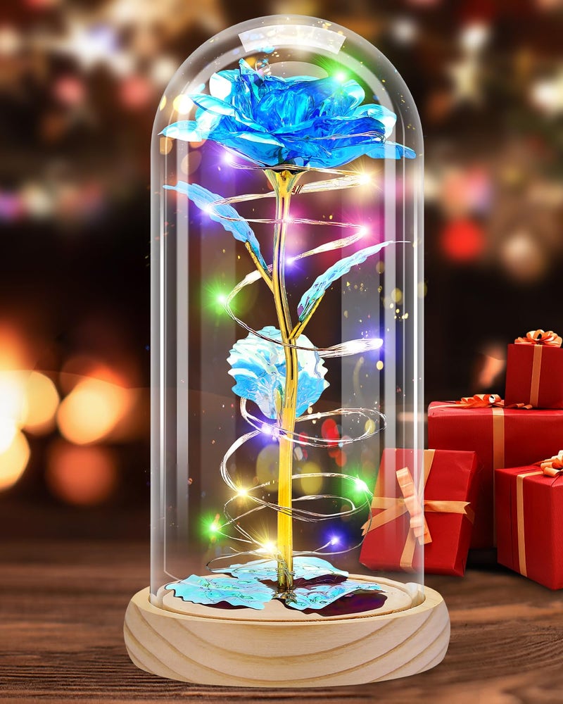 Otlonpe Glass Rose Flower Womens Gifts for Christmas Valentines Day Mothers Day Teacher Appreciation Graduation Birthday Gifts for Women Mom Wife Girlfriend Grandma Sister Teacher Wood Blue