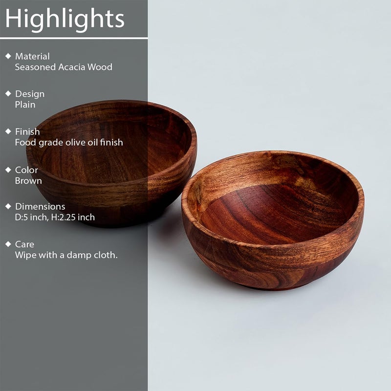 Saaga Acacia Round Wooden Bowl 2Pcs Set 5 Inch X 225 Inch Multipurpose Bowls Set for Soup Salad Fruits Vegetable Dough Making Snacks - Image 3