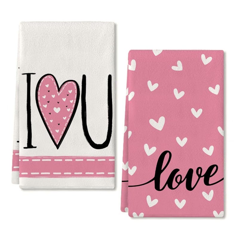 ARKENY Valentines Day Kitchen Towels Set of 2,Pink Heart I Love U Sign Dish Towels 18x26 Inch Drying Dishcloth,Farmhouse Home Wedding Decoration AD150 - Image 1