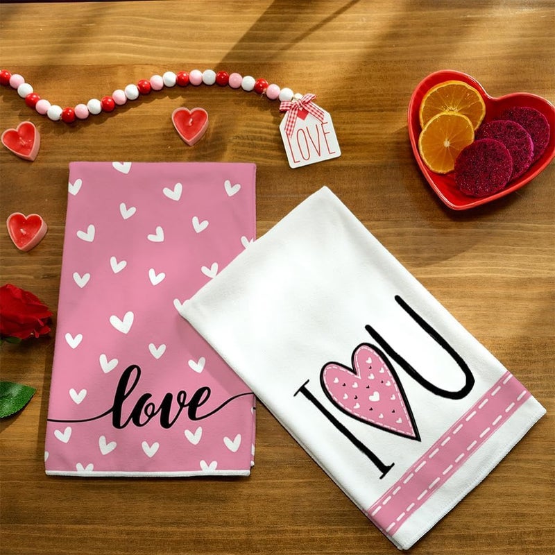 ARKENY Valentines Day Kitchen Towels Set of 2,Pink Heart I Love U Sign Dish Towels 18x26 Inch Drying Dishcloth,Farmhouse Home Wedding Decoration AD150 - Image 3