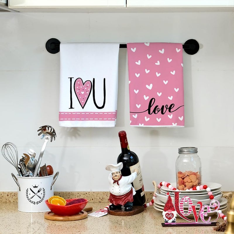 ARKENY Valentines Day Kitchen Towels Set of 2,Pink Heart I Love U Sign Dish Towels 18x26 Inch Drying Dishcloth,Farmhouse Home Wedding Decoration AD150 - Image 2