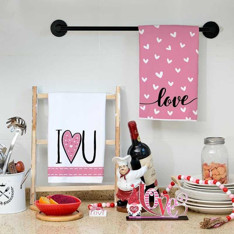 ARKENY Valentines Day Kitchen Towels Set of 2,Pink Heart I Love U Sign Dish Towels 18x26 Inch Drying Dishcloth,Farmhouse Home Wedding Decoration AD150 - Image 4