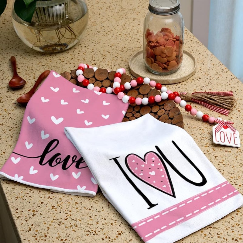ARKENY Valentines Day Kitchen Towels Set of 2,Pink Heart I Love U Sign Dish Towels 18x26 Inch Drying Dishcloth,Farmhouse Home Wedding Decoration AD150 - Image 5