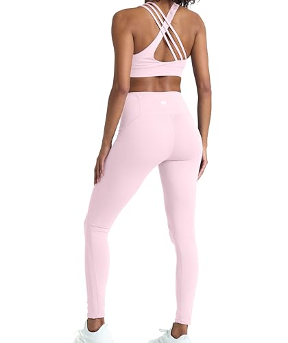 POPSUGAR 2 Piece Light Pink Workout Sets for women High Waist Leggings and Sports Bra Yoga Set Matching Gym Pilates Running Work Out Outfit Medium