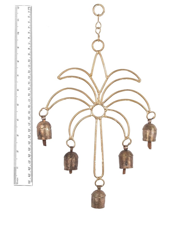 Ethnics of Kutch Ethnics of Kutch Hand Made Metal Bells Wrought Iron CopperZinc Coated Home Dcor Chimes Cow Bell Palm Tree 5 Bells 36 cms Length Colour Copper BEL0049 - Image 4