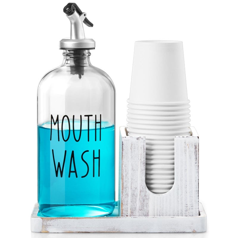 Bivvclaz Glass Mouthwash Dispenser for Bathroom 16 OZ Mouthwash Dispenser with Pour Spout and White Washed Wood Cup Holder and Tray Mouth Wash Bottle Container Rustic Kitchen Bathroom Decor and Accessories - Image 2