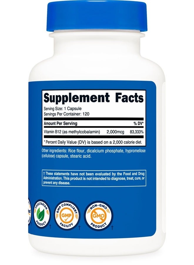 Nutricost فيتامين ب12 (ميثيلكوبالامين) 2000 ميكروغرام، 120 كبسولة - كبسولات نباتية، غير معدلة وراثيًا، خالية من الغلوتين مكمل ب12 - Image 4