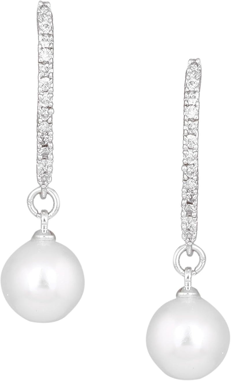 Estele Women's Rhodium Plated American Diamond Stone With Pearl Drop Brass Metal Earrings - Image 1