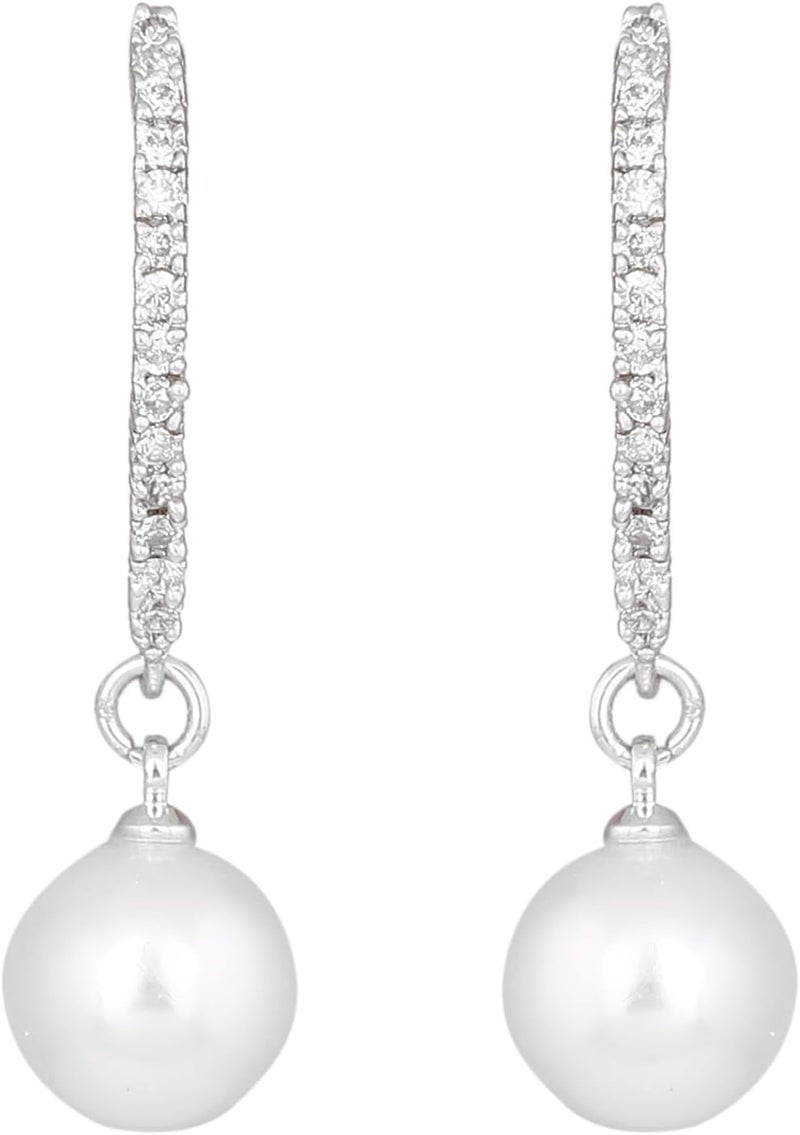 Estele Women's Rhodium Plated American Diamond Stone With Pearl Drop Brass Metal Earrings - Image 5