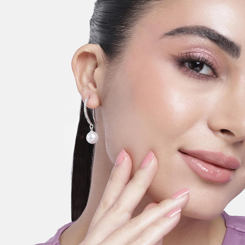 Estele Women's Rhodium Plated American Diamond Stone With Pearl Drop Brass Metal Earrings - Image 2