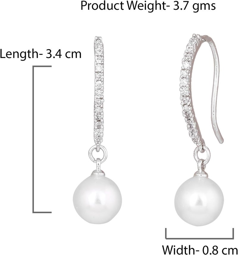 Estele Women's Rhodium Plated American Diamond Stone With Pearl Drop Brass Metal Earrings - Image 3