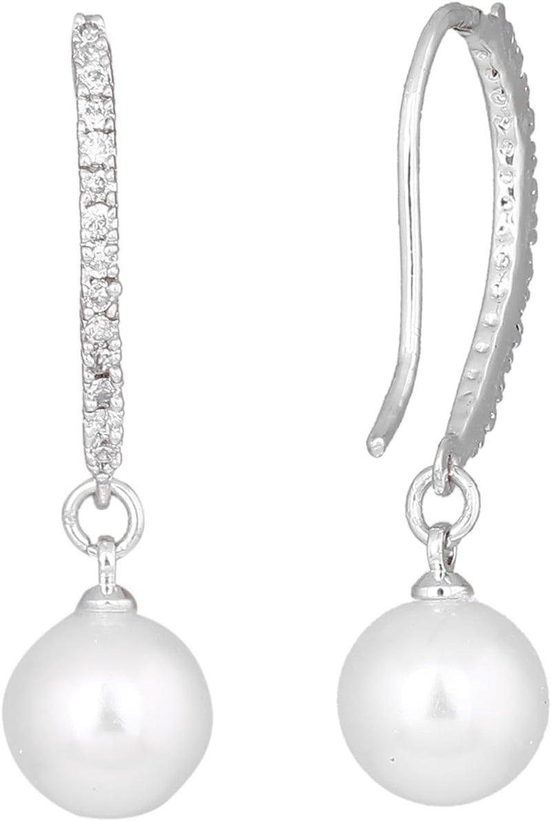 Estele Women's Rhodium Plated American Diamond Stone With Pearl Drop Brass Metal Earrings - Image 4