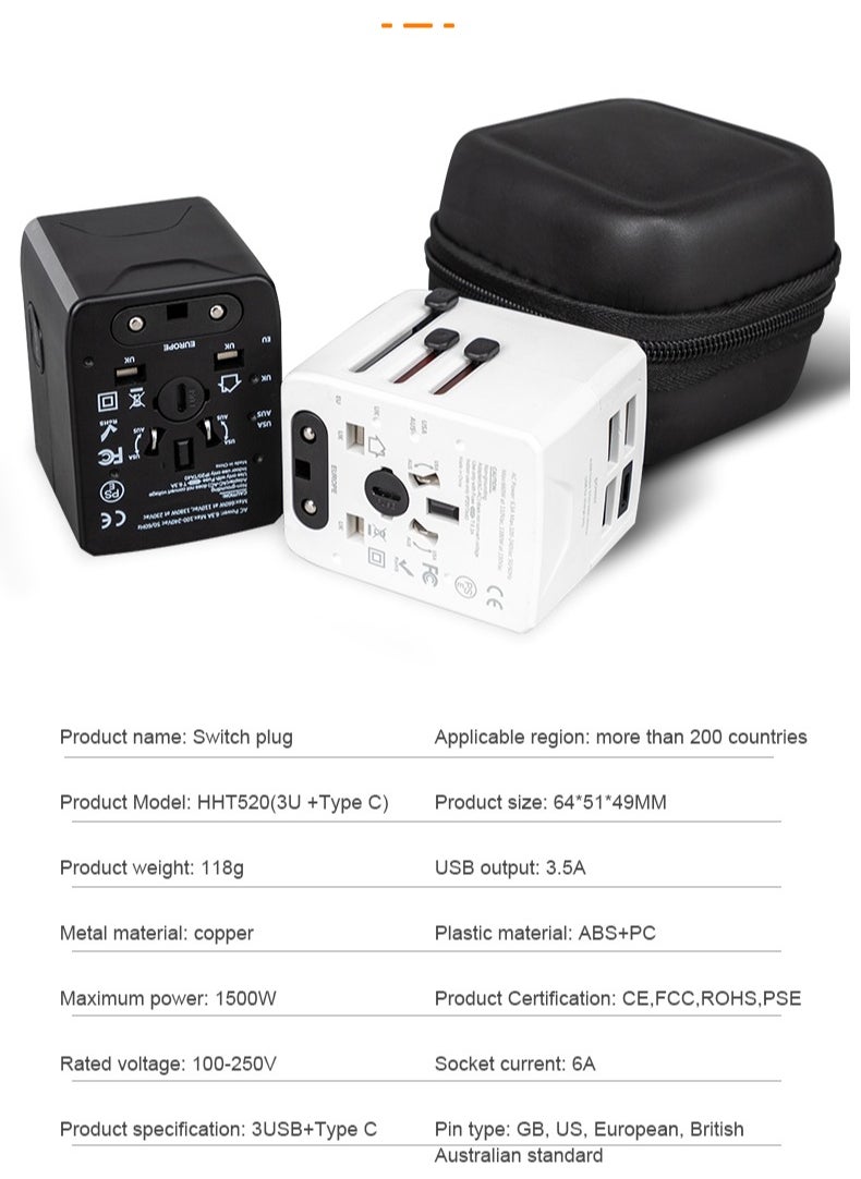 Generic - Fast Charging, Universal Travel Adapter - 3 USB + 1 Type C in One Travel Charger with UK/US/AUS/EU Plugs and Socket, International Power Adapter world travel adapter (White) - Image 1