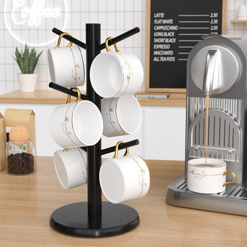Wisuce Coffee Mug Holder Black, Bamboo Mug Tree with Thicker Base Coffee Cup Mug Stand for Counter, Mug Rack with 6 Hooks - Image 1