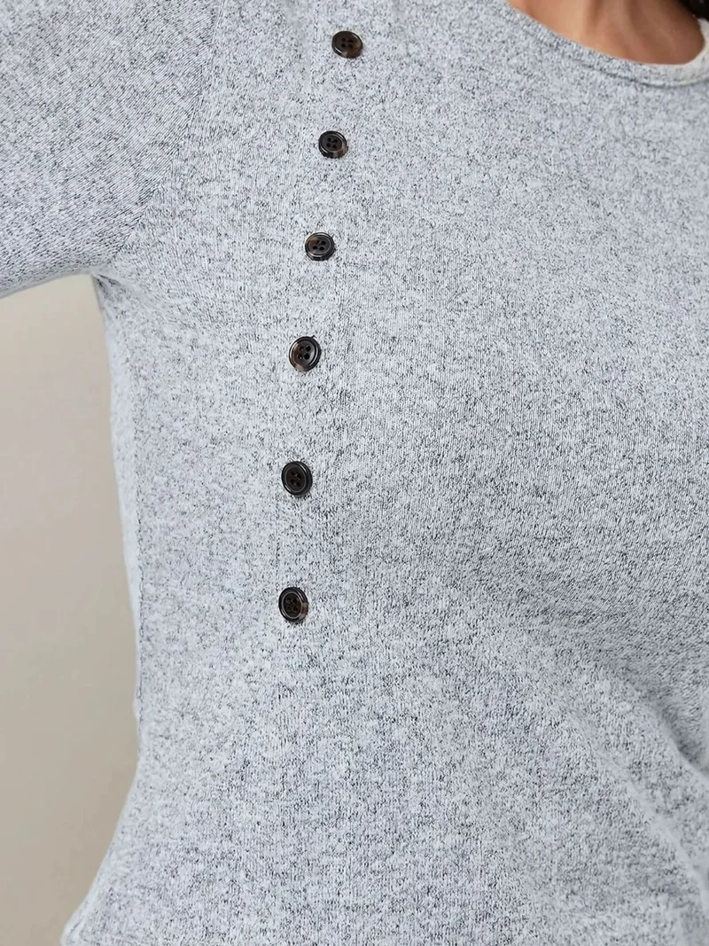Hiccup Grey Textured Long Sleeve Buttoned Slim Fit Top for Women | Best Price UAE