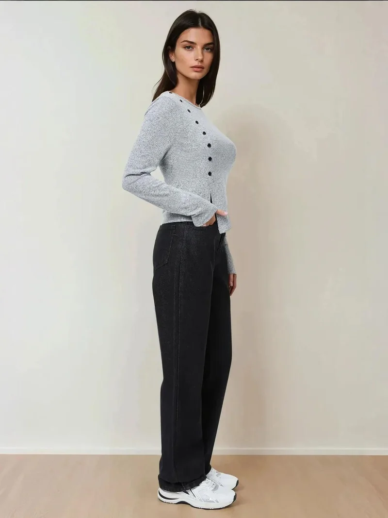 Hiccup Grey Textured Long Sleeve Buttoned Slim Fit Top for Women | Best Price UAE