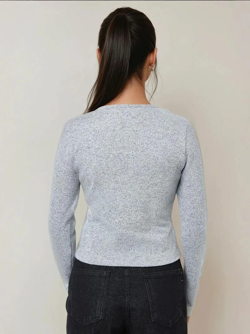 Hiccup Grey Textured Long Sleeve Buttoned Slim Fit Top for Women | Best Price UAE
