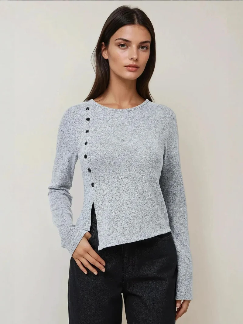 Textured Long Sleeve Buttoned Slim Fit Top