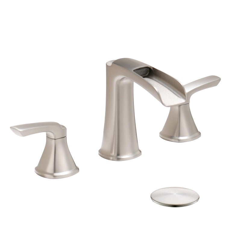 Fapully Brushed Nickel Bathroom Faucet 3 Hole Waterfall 8 Inch Widespread Bathroom Sink Faucet with Popup Drain TwoHandle Faucet for Bathroom Sink