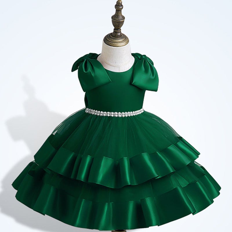 Girls New Solid Color Big Bow Mesh Puff Dinner Performance Dress Girls Birthday Party dress green