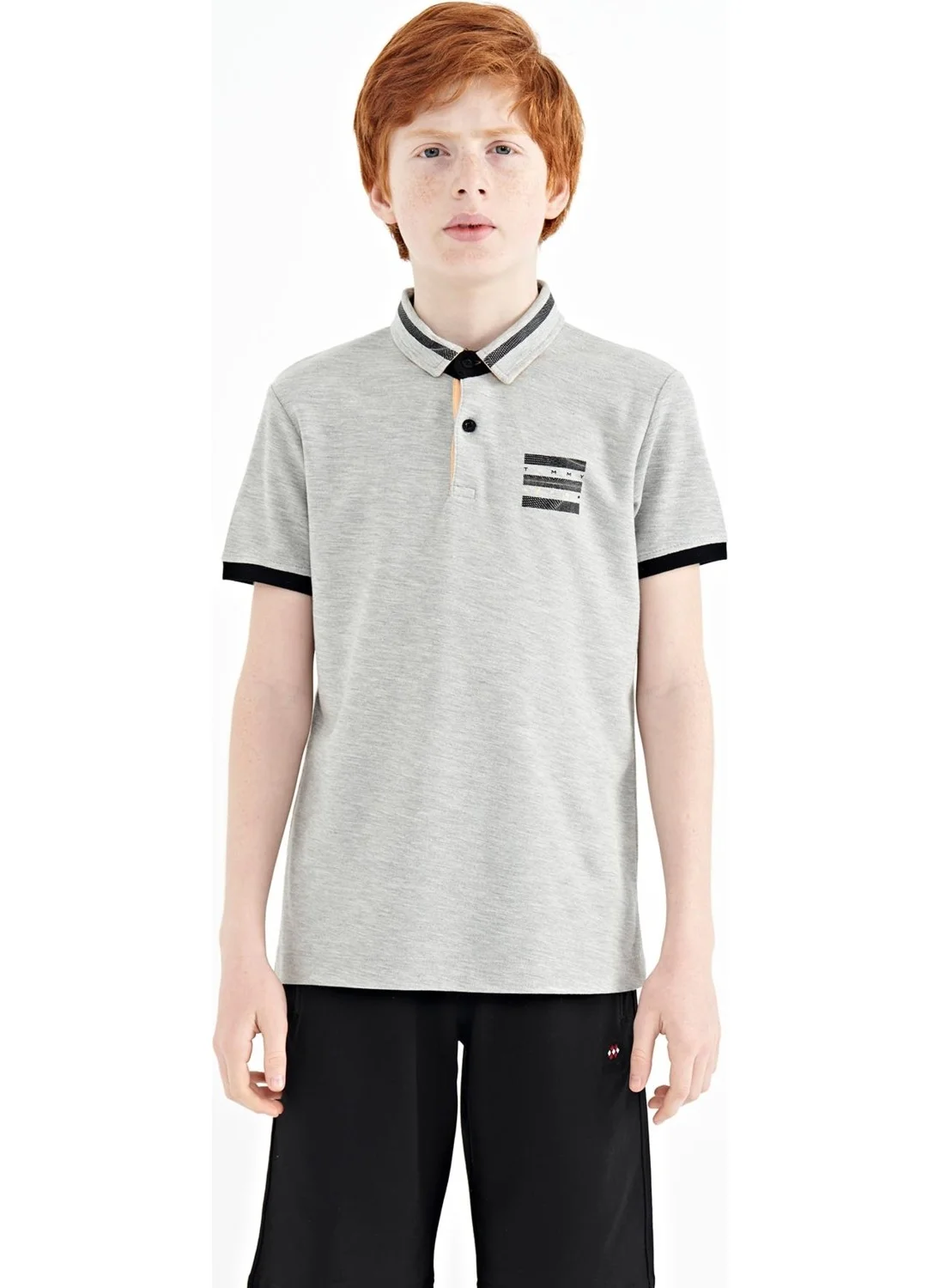 تومي لايف Gray Melange Collar Color Block Print Detailed Standard Size Boy T-Shirt - 11111