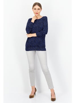 Zero Women Round Neck Long Sleeve Allover Print Blouse Top, Navy Combo  - Image 4