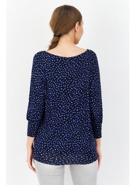 Zero Women Round Neck Long Sleeve Allover Print Blouse Top, Navy Combo  - Image 3