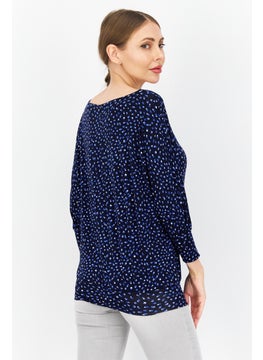 Zero Women Round Neck Long Sleeve Allover Print Blouse Top, Navy Combo  - Image 2