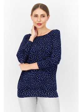 Zero Women Round Neck Long Sleeve Allover Print Blouse Top, Navy Combo  - Image 1