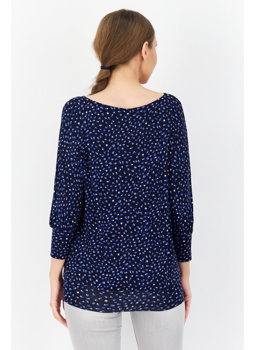 Zero Women Round Neck Long Sleeve Allover Print Blouse Top, Navy Combo  - Image 3
