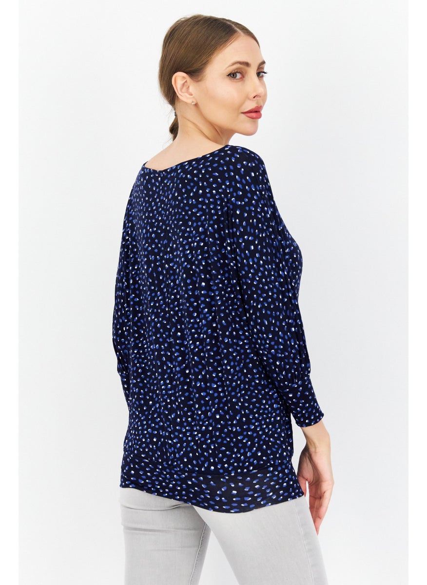 Zero Women Round Neck Long Sleeve Allover Print Blouse Top, Navy Combo  - Image 2
