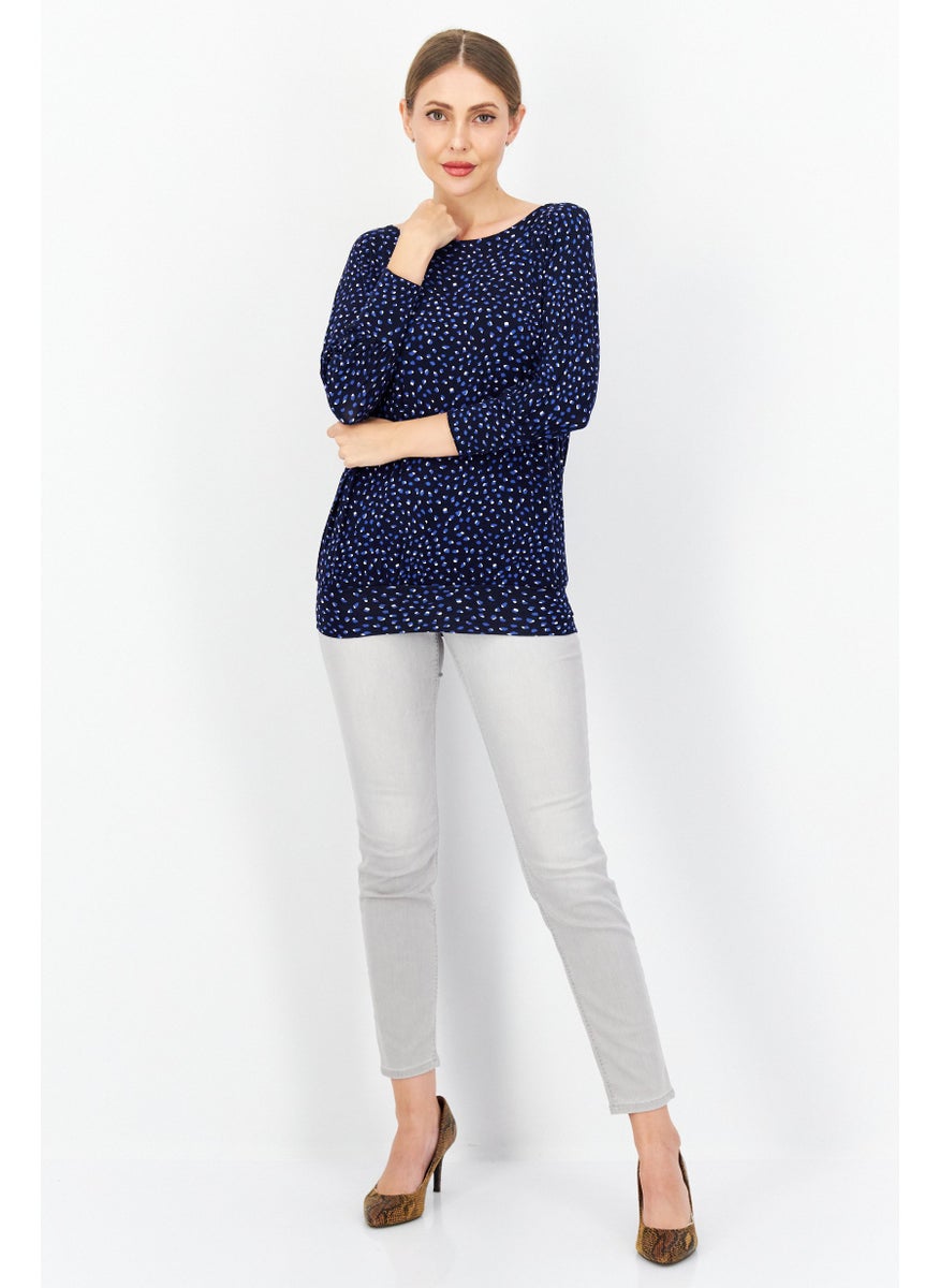 Zero Women Round Neck Long Sleeve Allover Print Blouse Top, Navy Combo  - Image 4