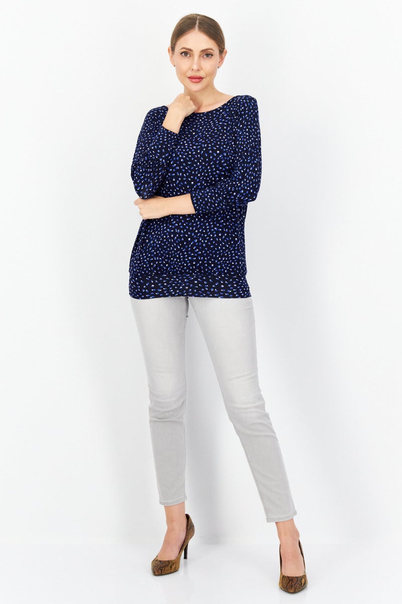 Zero Women Round Neck Long Sleeve Allover Print Blouse Top, Navy Combo - Image 4