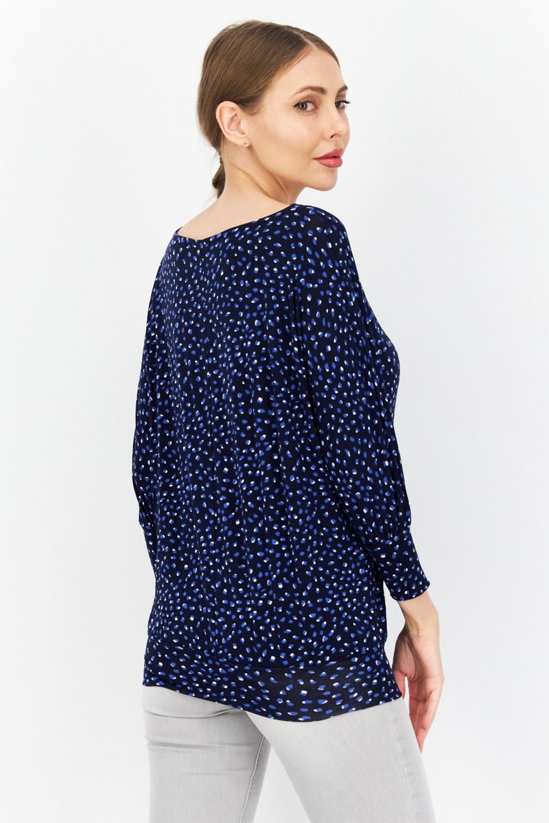 Zero Women Round Neck Long Sleeve Allover Print Blouse Top, Navy Combo - Image 2