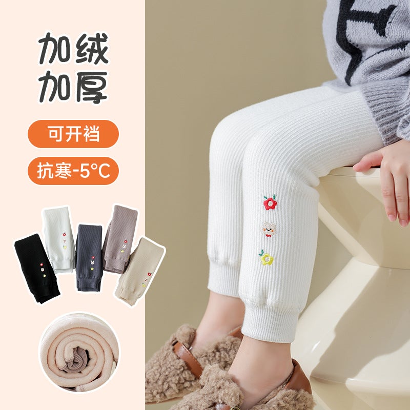 Little Girl'S Kindergarten Baby'S Big Bear Cartoon Embroidery Thickened Lamb Velvet Cropped Leggings - Image 2