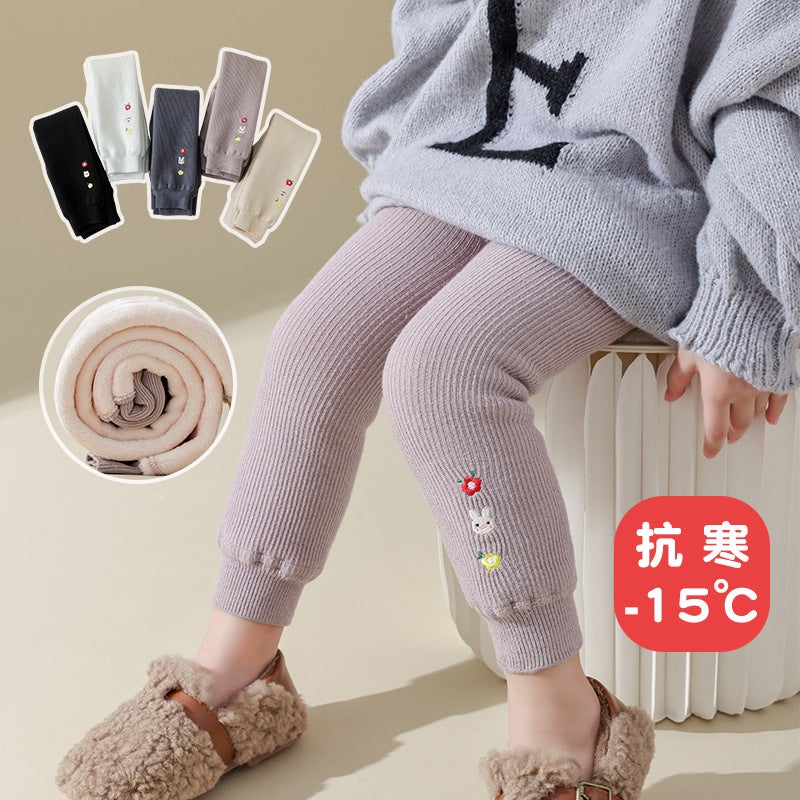Little Girl'S Kindergarten Baby'S Big Bear Cartoon Embroidery Thickened Lamb Velvet Cropped Leggings - Image 3