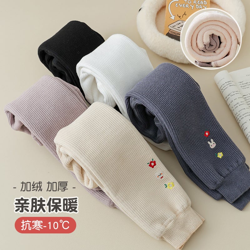 Little Girl'S Kindergarten Baby'S Big Bear Cartoon Embroidery Thickened Lamb Velvet Cropped Leggings - Image 5