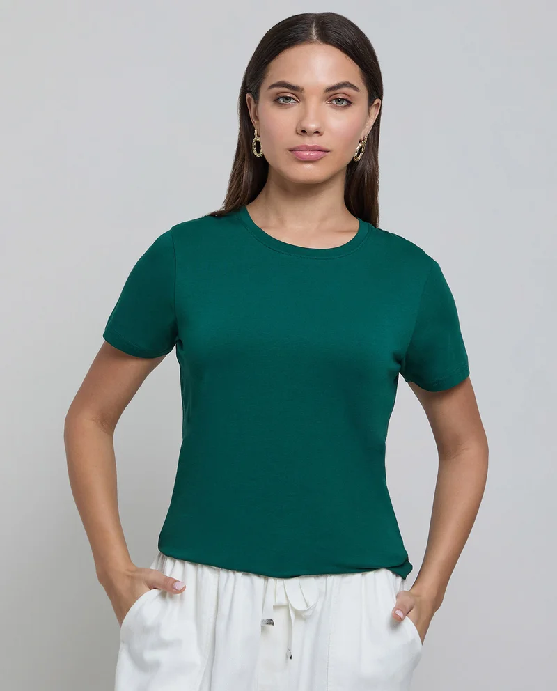 أر أند بي Solid T-Shirt with Crew Neck and Short Sleeves