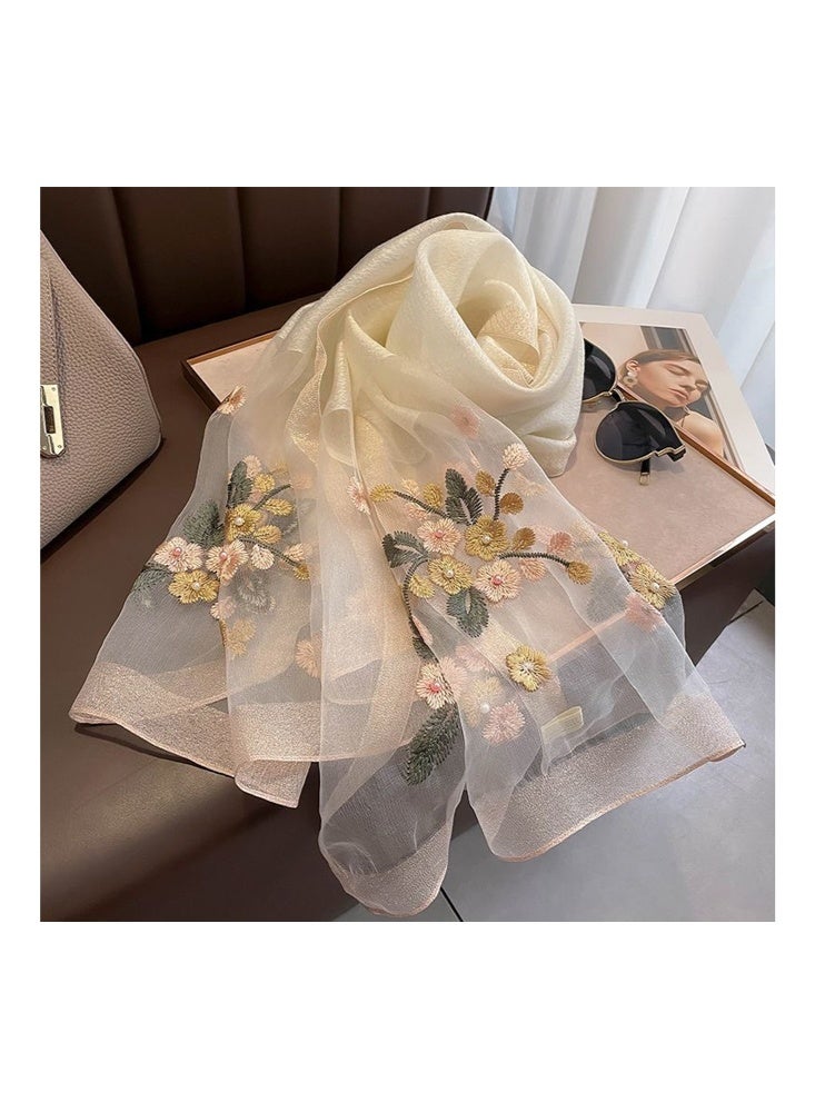 Zeemey Women's light luxury beige and golden shiny silk scarf, delicate texture, exquisite plaid decoration on the edge, large size design, warm and fashionable, enhance the sense of luxury of wearing (80*190cm) - Image 3