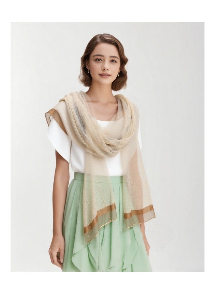 Zeemey Women's light luxury beige and golden shiny silk scarf, delicate texture, exquisite plaid decoration on the edge, large size design, warm and fashionable, enhance the sense of luxury of wearing (80*190cm) - Image 5