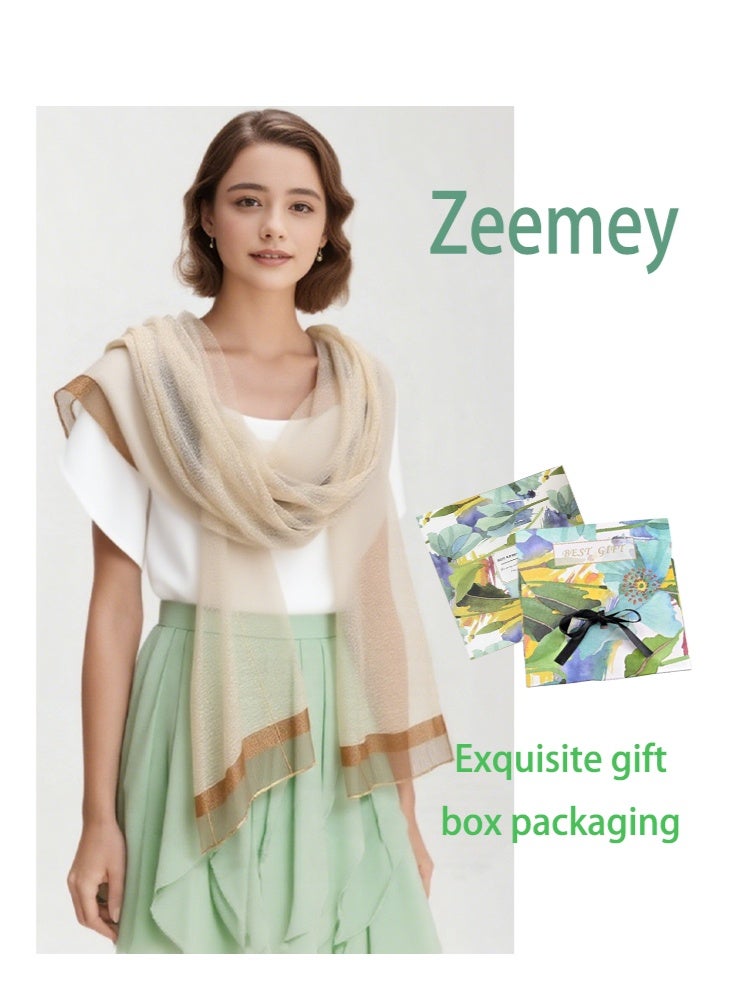 Zeemey Women's light luxury beige and golden shiny silk scarf, delicate texture, exquisite plaid decoration on the edge, large size design, warm and fashionable, enhance the sense of luxury of wearing (80*190cm) - Image 1