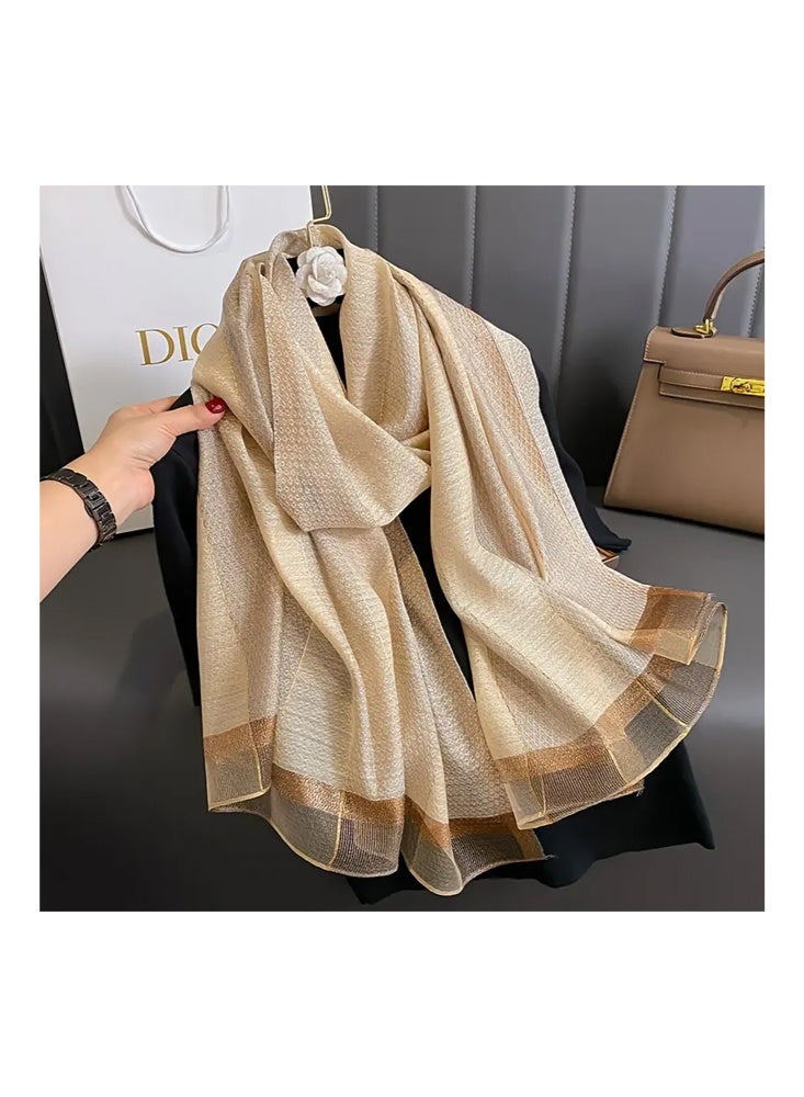 Zeemey Women's light luxury beige and golden shiny silk scarf, delicate texture, exquisite plaid decoration on the edge, large size design, warm and fashionable, enhance the sense of luxury of wearing (80*190cm) - Image 2