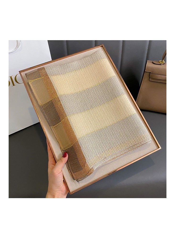 Zeemey Women's light luxury beige and golden shiny silk scarf, delicate texture, exquisite plaid decoration on the edge, large size design, warm and fashionable, enhance the sense of luxury of wearing (80*190cm) - Image 4