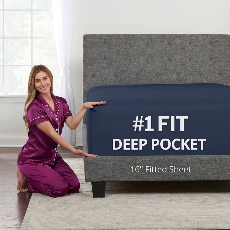 DeaLuxe Kids Twin XL Fitted Sheet - Real [16-Inch] Extra Deep Pocket Twin XL Fitted Sheet Only - Your Perfectly-FIT Fitted Sheet for 14 -18  Deep Mattress - Best Fit Extra Long Fitted Sheet - Navy Dark Blue - Image 1