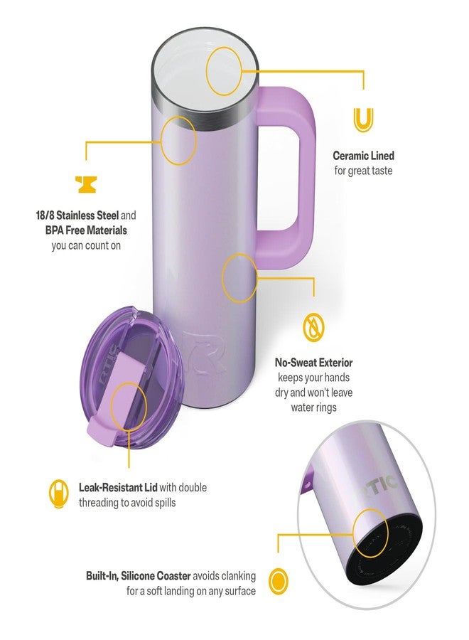 RTIC 20oz Road Trip Travel Mug with Lid and Handle, Ceramic Lined, Insulated, Stainless Steel, Metal, Double Wall Vacuum-Insulation, Portable Coffee, Tea Cup for Hot and Cold Drink, Lavender Glitter - Image 4