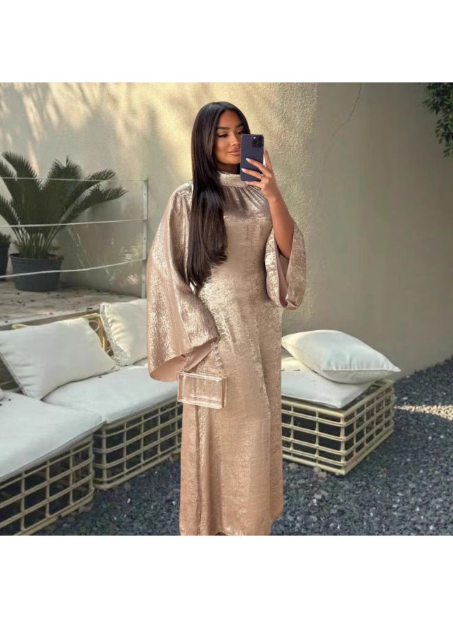 Middle Eastern Muslim Elegant Glittering Gold Dress For Women Summer Pure Color Half Turtleneck Pullover Robe 