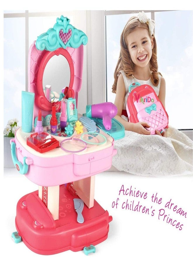 VikriDA Makeup Toy Pretend Play Sets Simulation Lovely Dressing Up Kit with 2-in-1 Carrier Backpack, 30 Pcs Role Play Educational Toy Pretend Game Gifts for Kids Girls - Image 4