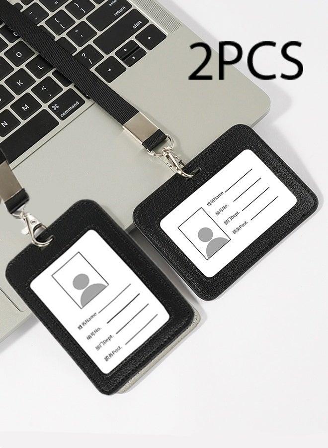 KANGLI 2 Pcs Transparent Badge Holder with Lanyard, PU Leather ID Card Badge Business Card Holder with Zinc Alloy Rust-proof Clasp Nylon Lanyard for Work ID, School ID, Metro Card, Access Card, Black - Image 1