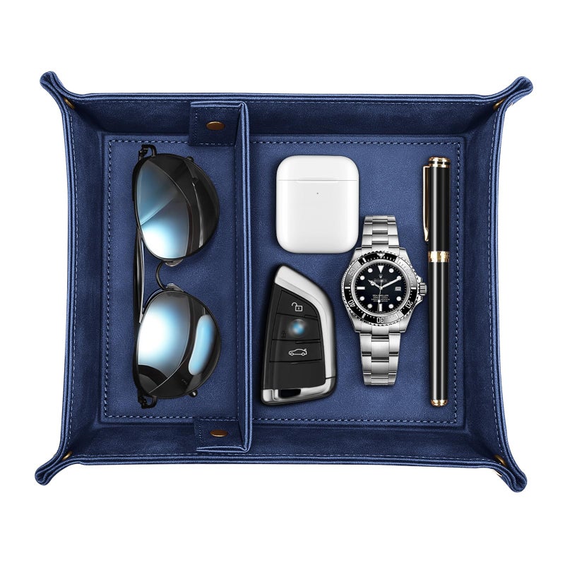 SITHON Valet Tray Desktop Storage Organizer, Removable 2 Compartments Catchall Tray Bedside Vanity Nightstand Caddy Holder Desk Storage Plate, Dark Blue - Image 1